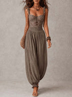 Conjunto de bandeau de encaje gris y pantalones harem de algodón plisados