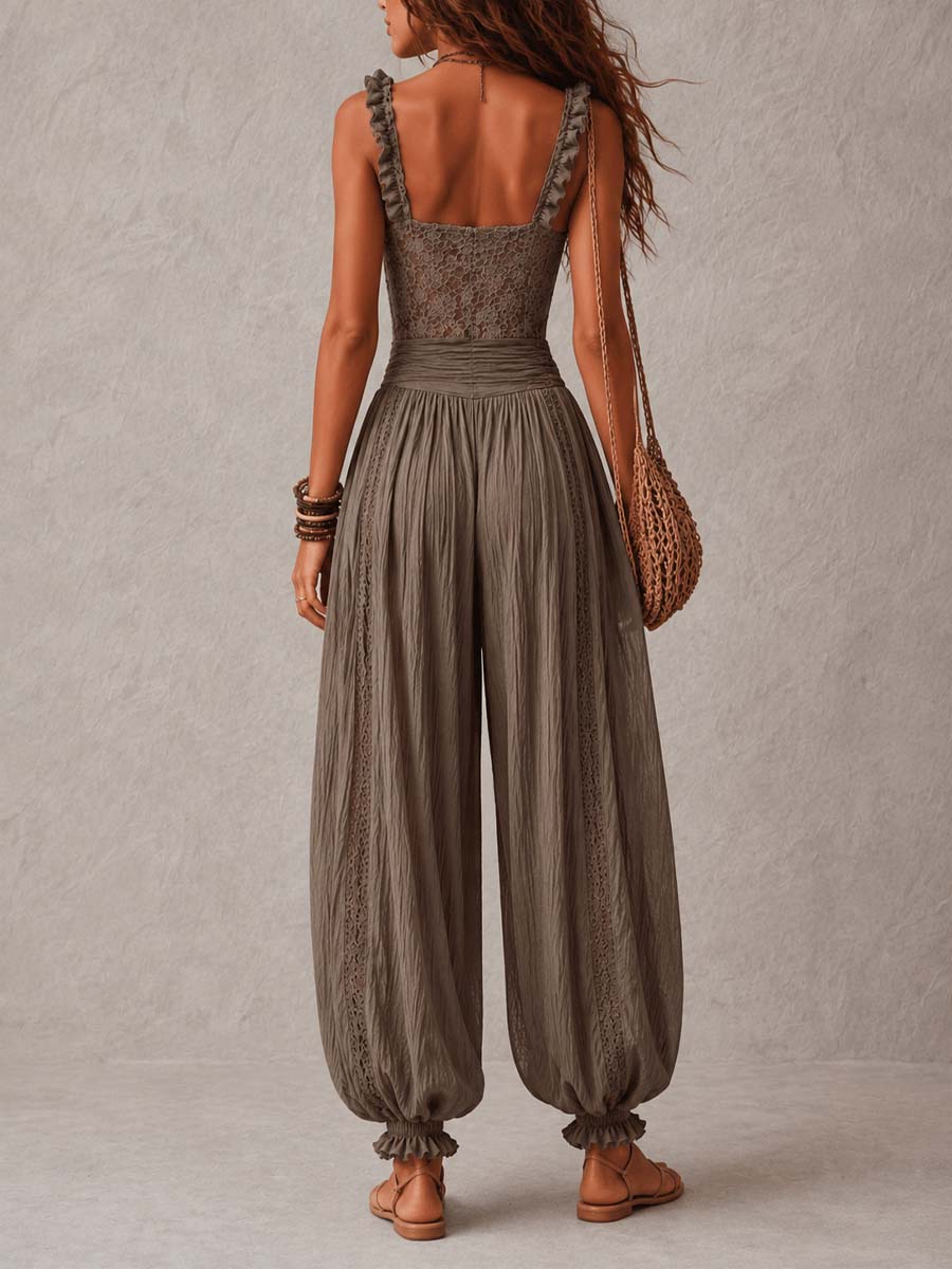 Conjunto de bandeau de encaje gris y pantalones harem de algodón plisados