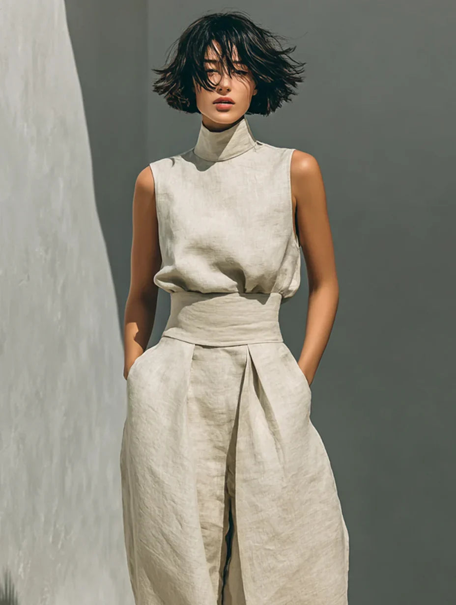 Flor™ | Conjunto de blusa sin mangas y pantalón ancho en lino y algodón