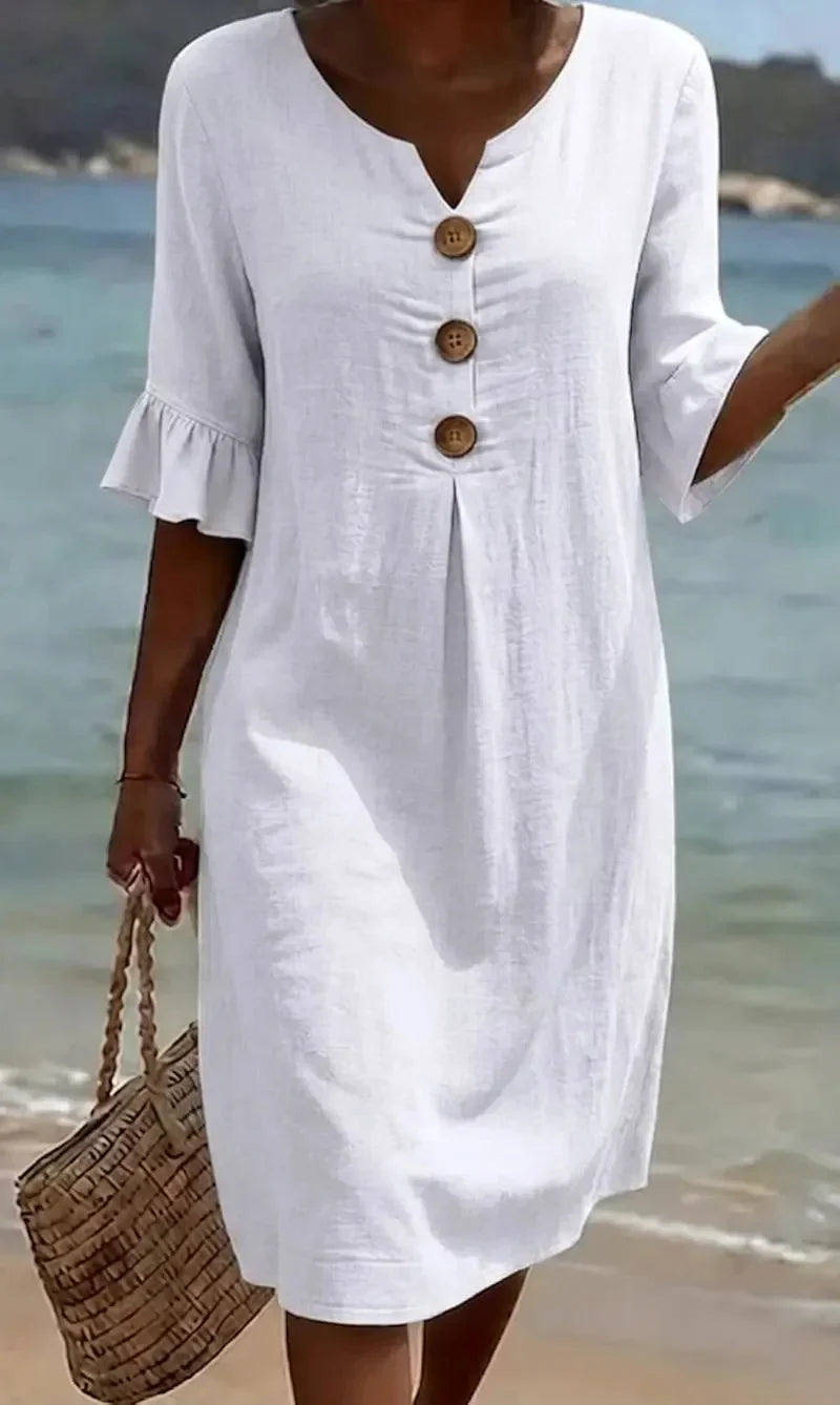 Vanesa | Vestido con textura de lino con manga abullonada y botones