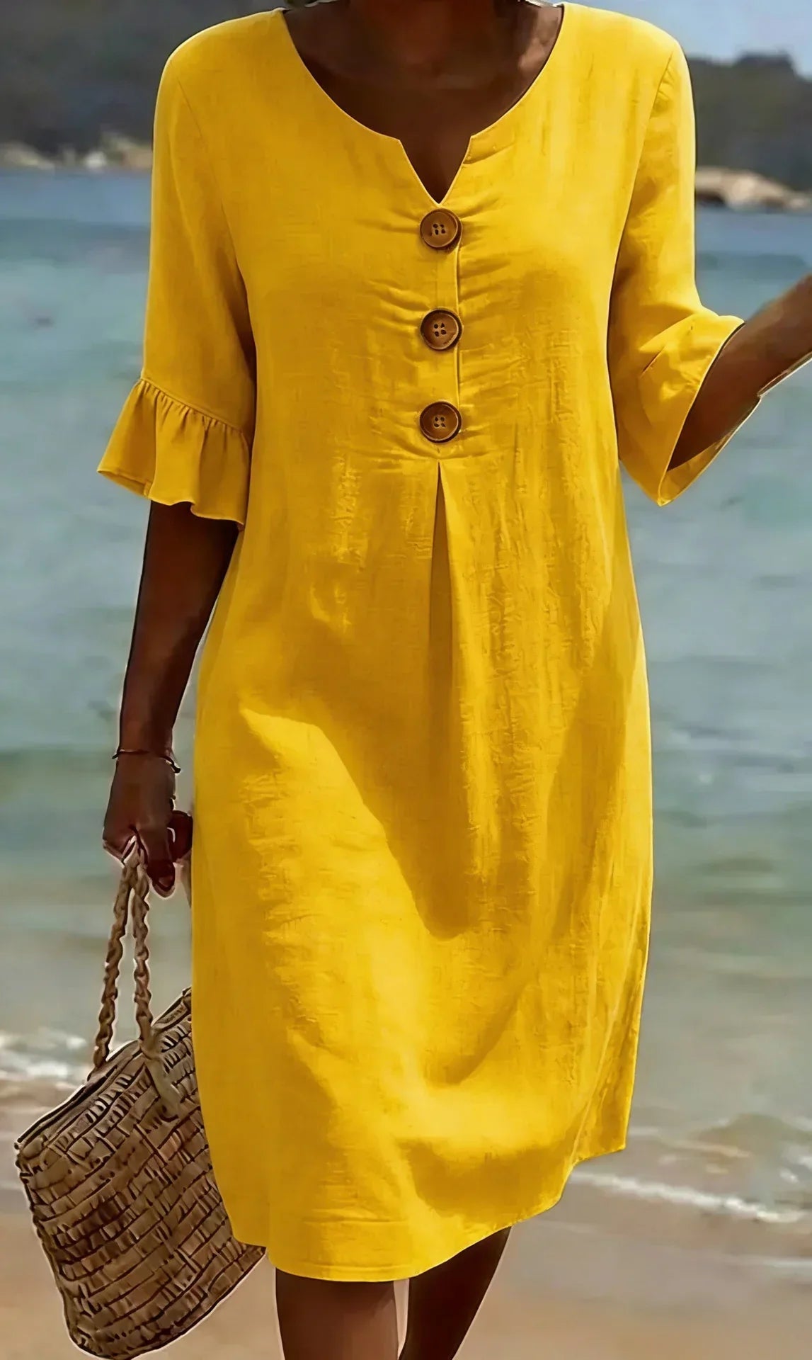 Vanesa | Vestido con textura de lino con manga abullonada y botones