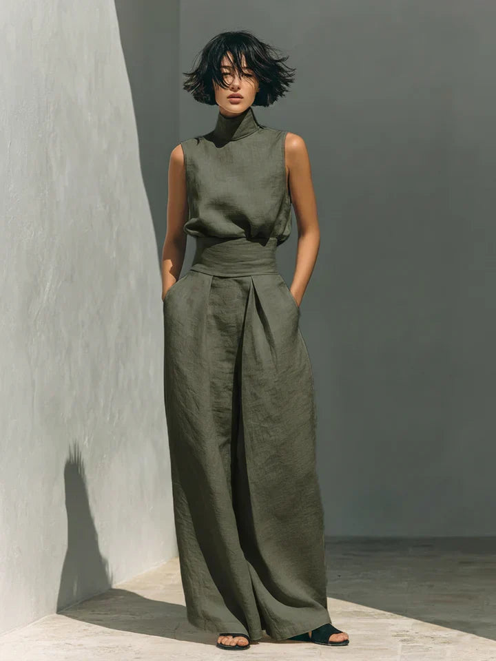 Flor™ | Conjunto de blusa sin mangas y pantalón ancho en lino y algodón