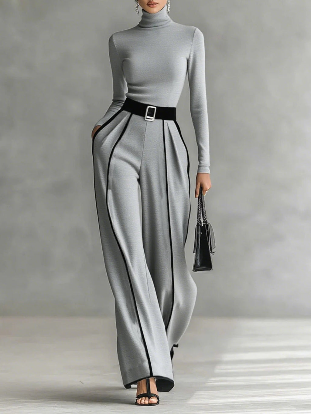 Renata™ | Conjunto de top de cuello alto con manga larga y pantalón de pernera ancha con cinturón