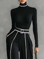 Renata™ | Conjunto de top de cuello alto con manga larga y pantalón de pernera ancha con cinturón