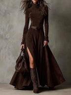 Vestido de Ante Sintético con Cuello Alto, Manga Larga y Abertura (Incluye cinturón)