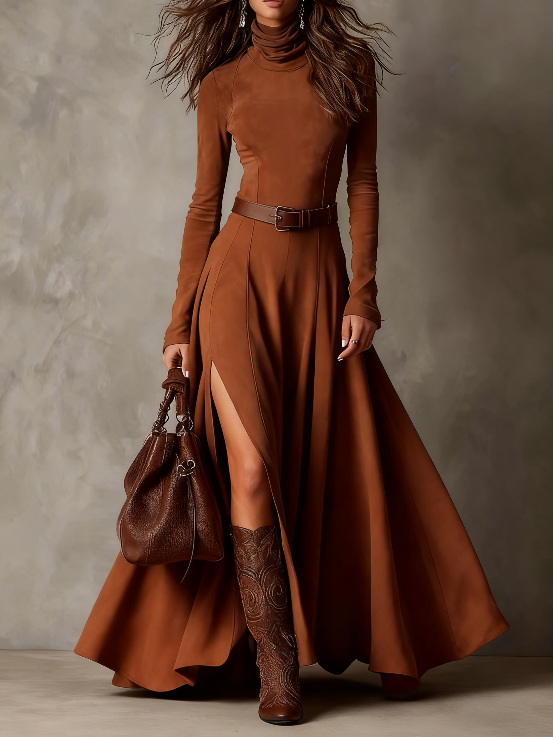 Vestido de Ante Sintético con Cuello Alto, Manga Larga y Abertura (Incluye cinturón)