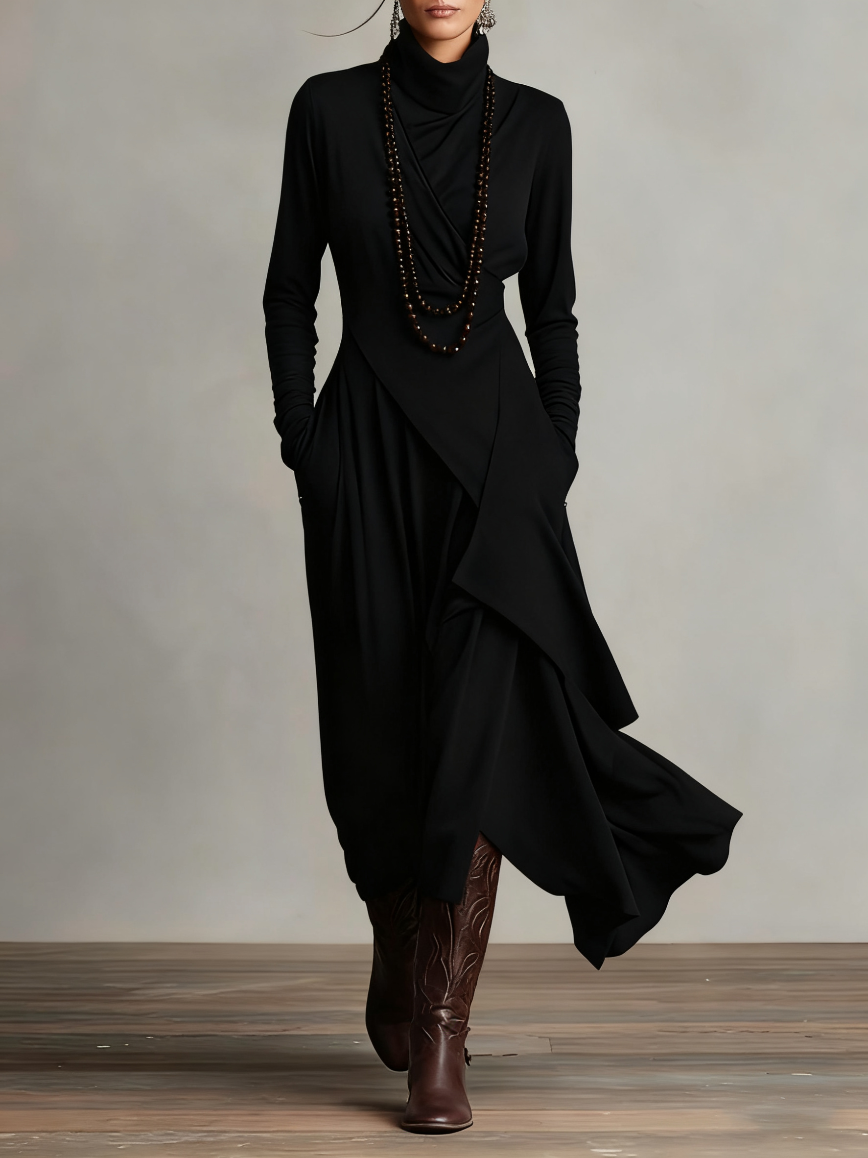 Georgia™ | Vestido maxi plisado asimétrico en color morado con cuello alto (collar no incluido)