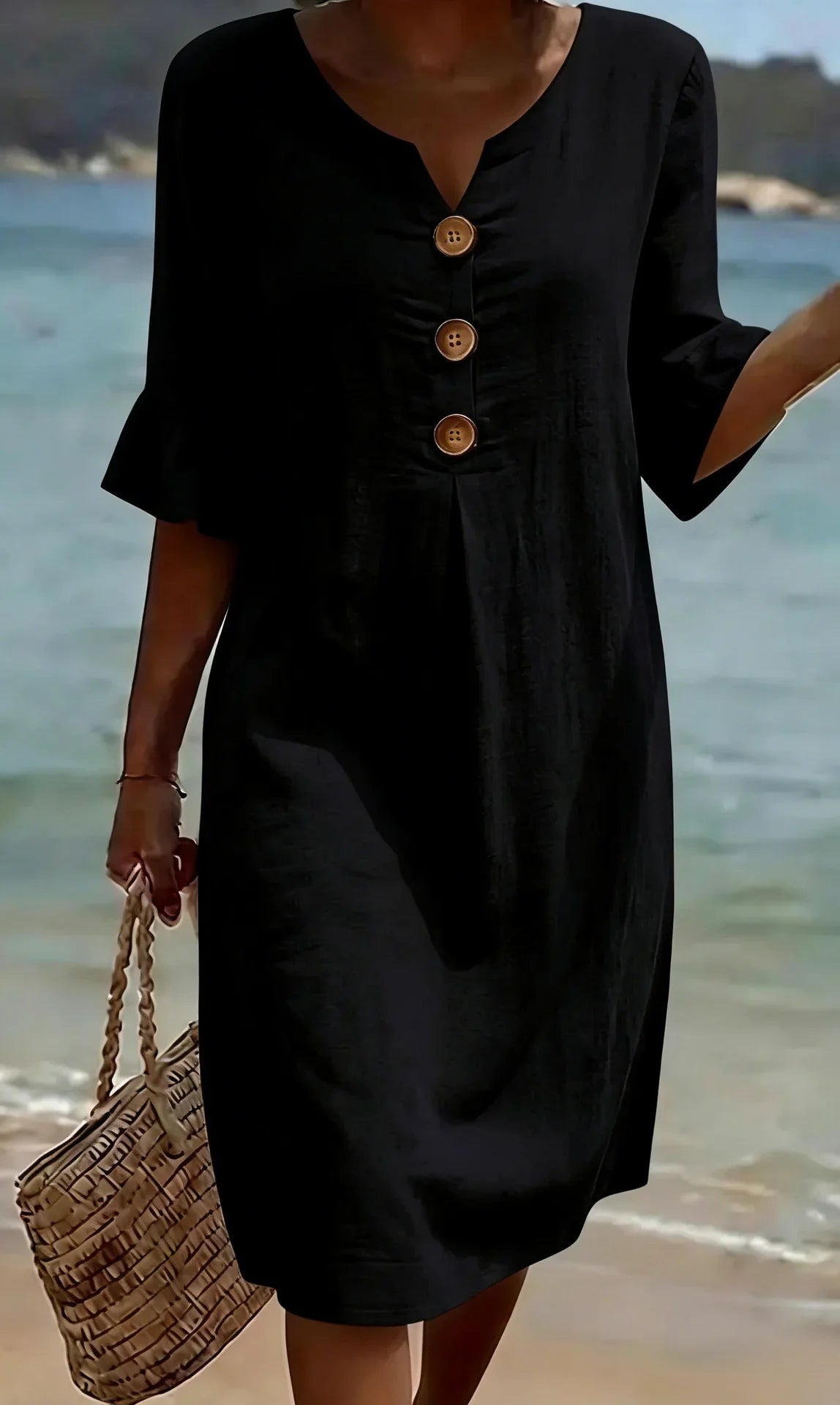 Vanesa | Vestido con textura de lino con manga abullonada y botones