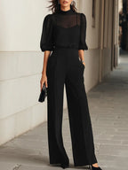 VALENTINA | CONJUNTO DE TRES PIEZAS EN COLOR NEGRO, COMPUESTO POR TOP LENCERO TRANSPARENTE Y PANTALONES DE PATA ANCHA