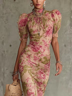 FIONA | VESTIDO LARGO CON ESTAMPADO VINTAGE DE ROSAS Y MANGAS ABULLONADAS