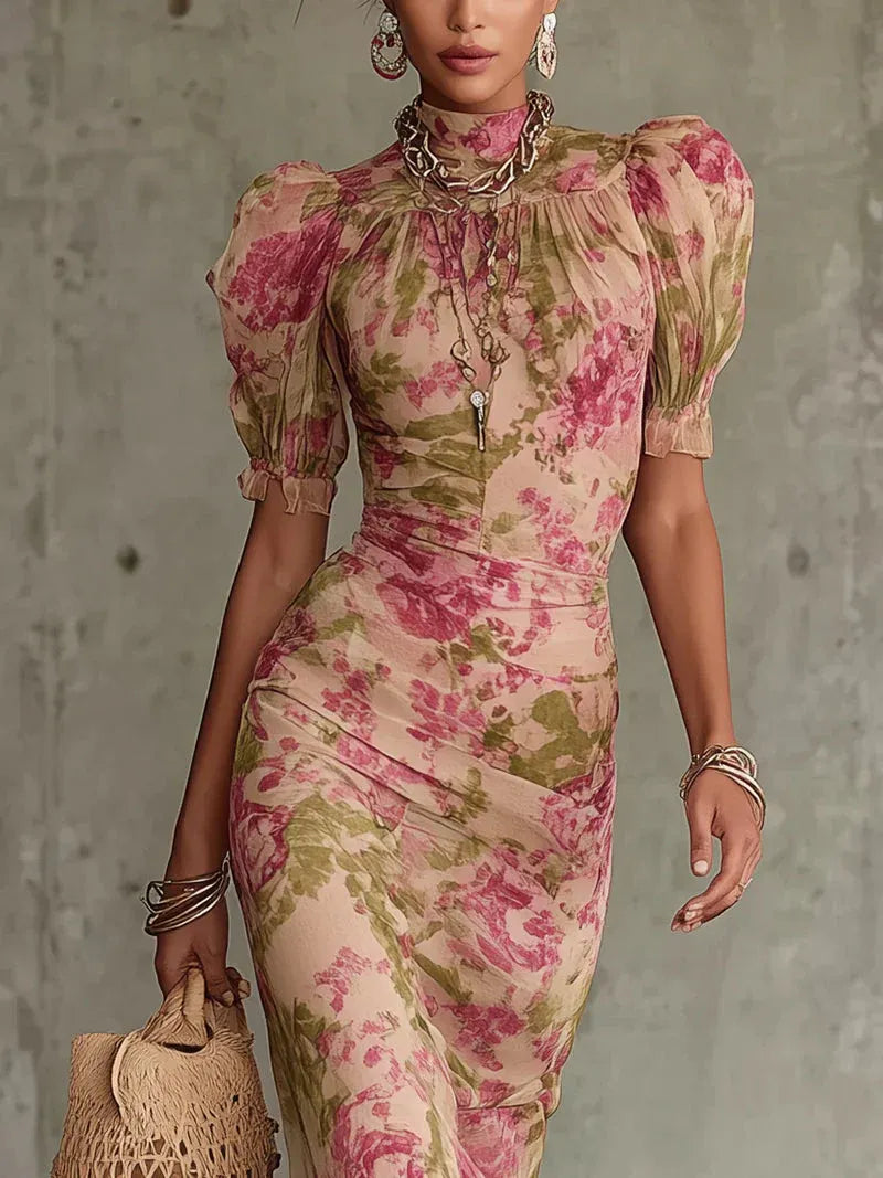 FIONA | VESTIDO LARGO CON ESTAMPADO VINTAGE DE ROSAS Y MANGAS ABULLONADAS