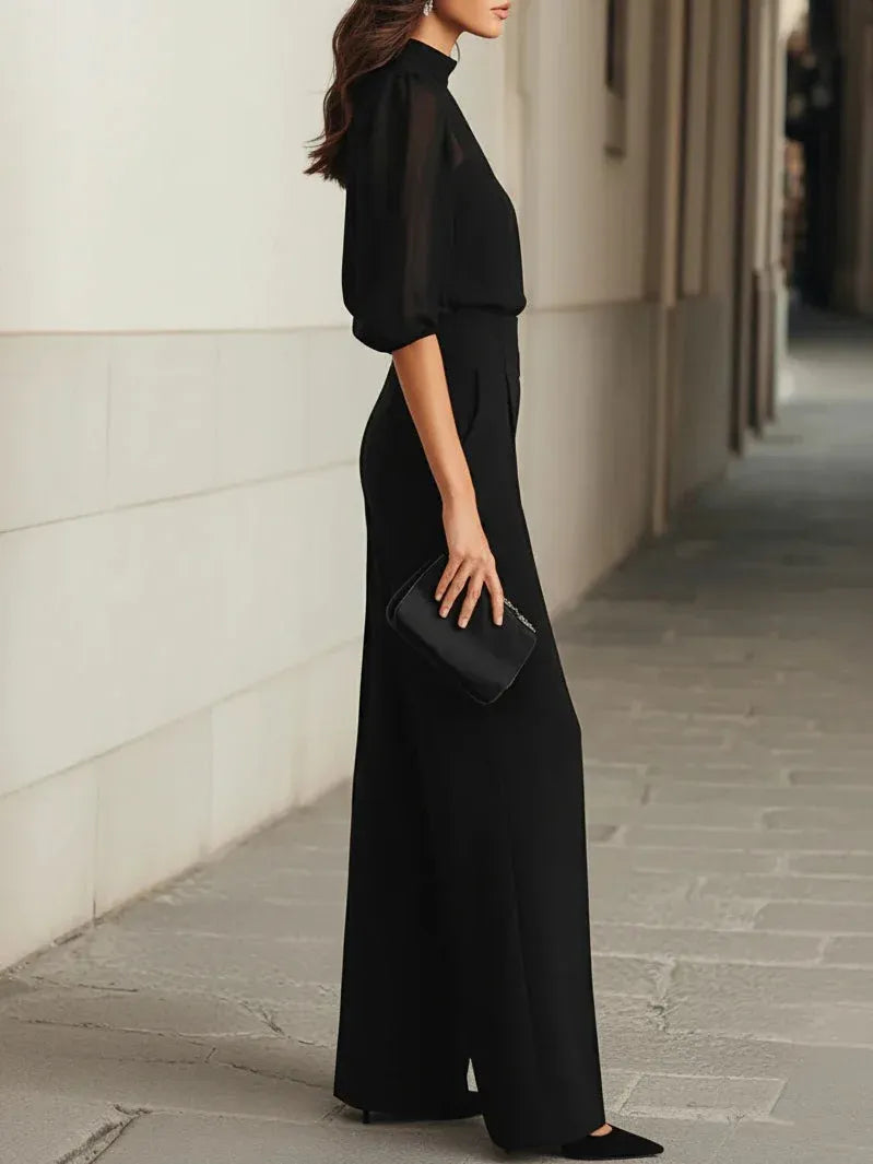 VALENTINA | CONJUNTO DE TRES PIEZAS EN COLOR NEGRO, COMPUESTO POR TOP LENCERO TRANSPARENTE Y PANTALONES DE PATA ANCHA