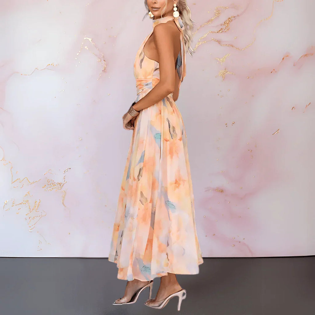 ESTHER | VESTIDO CON CUELLO HALTER Y ESTAMPADO DE ACUARELA