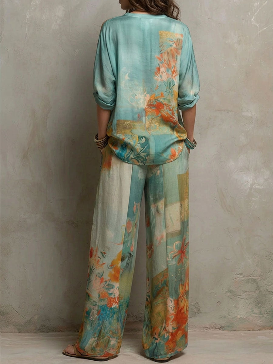 Clara | Conjunto elegante con estampado floral y pantalón ancho