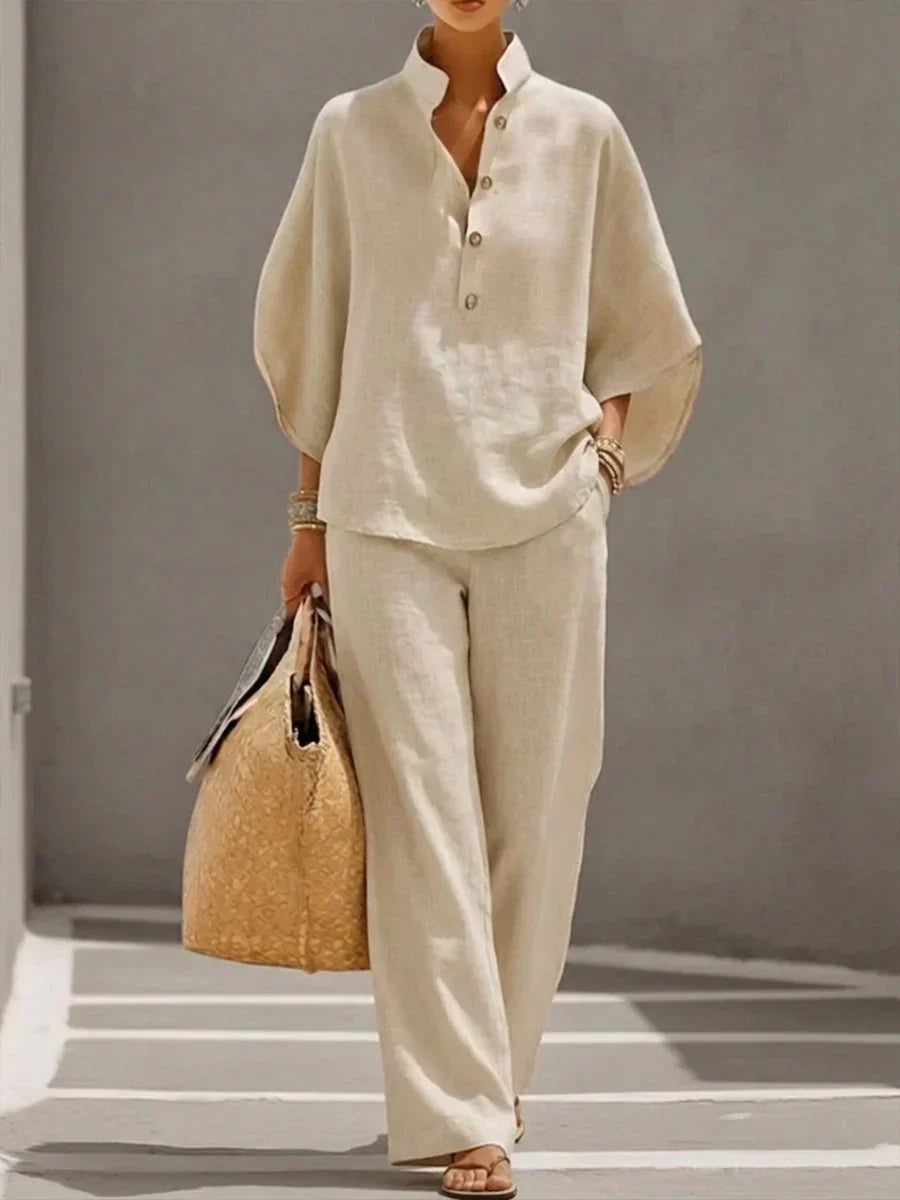 Maribel | Conjunto de lino con mangas murciélago y pantalón ancho
